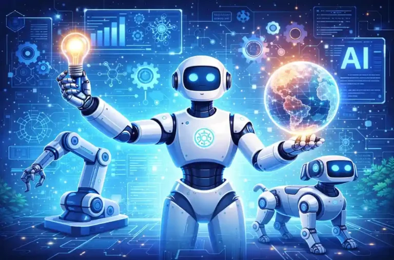 Illustration of a friendly robot surrounded by digital charts, gears and a glowing globe
