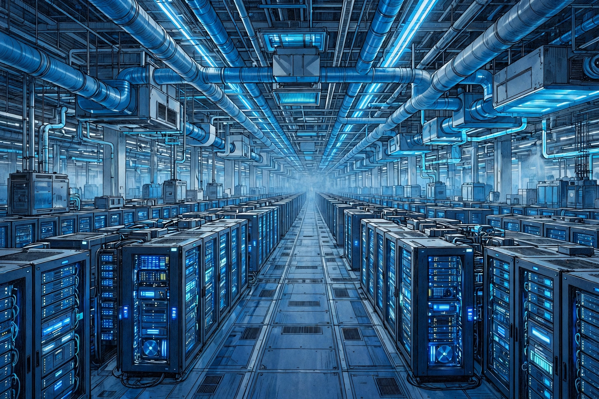 AI-generated illustration of a vast data centre interior with rows of glowing server racks stretching into the distance, representing Anthropic's computing infrastructure commitments