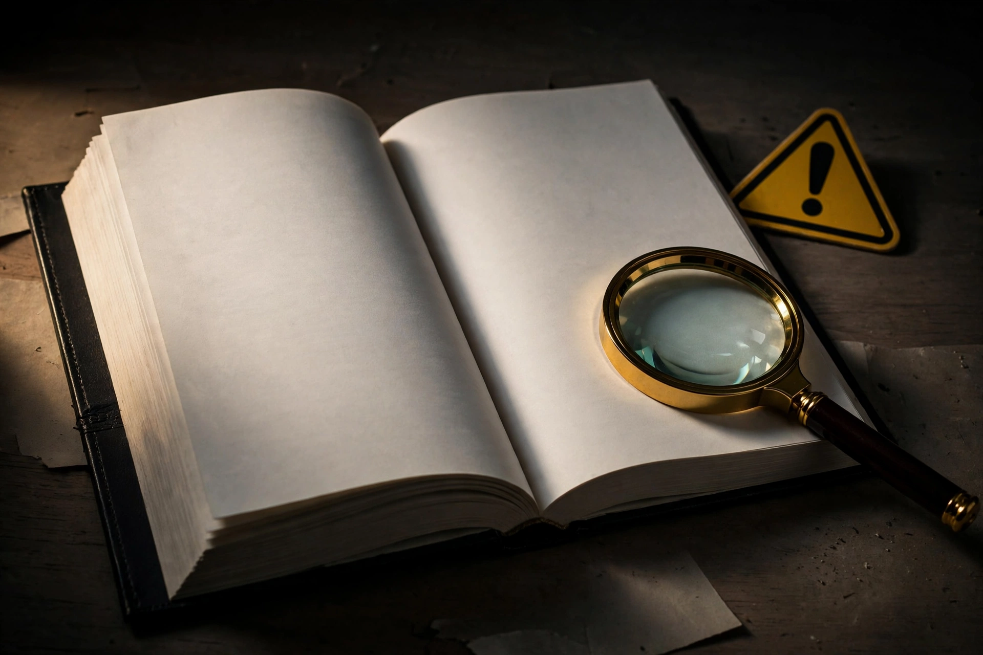 AI-generated illustration of an open thick legal prospectus on a desk with a magnifying glass and a warning symbol under dramatic side lighting, representing the S-1 risk disclosures