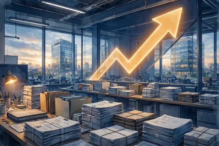 AI-generated illustrative image of a stock exchange trading floor at dawn with a steeply rising glowing stock chart, financial documents and a modern glass office tower