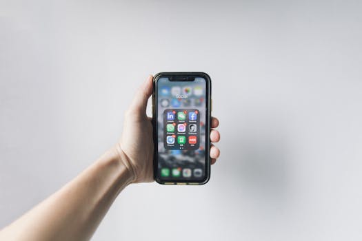 A hand holding a smartphone showing a home screen full of app icons