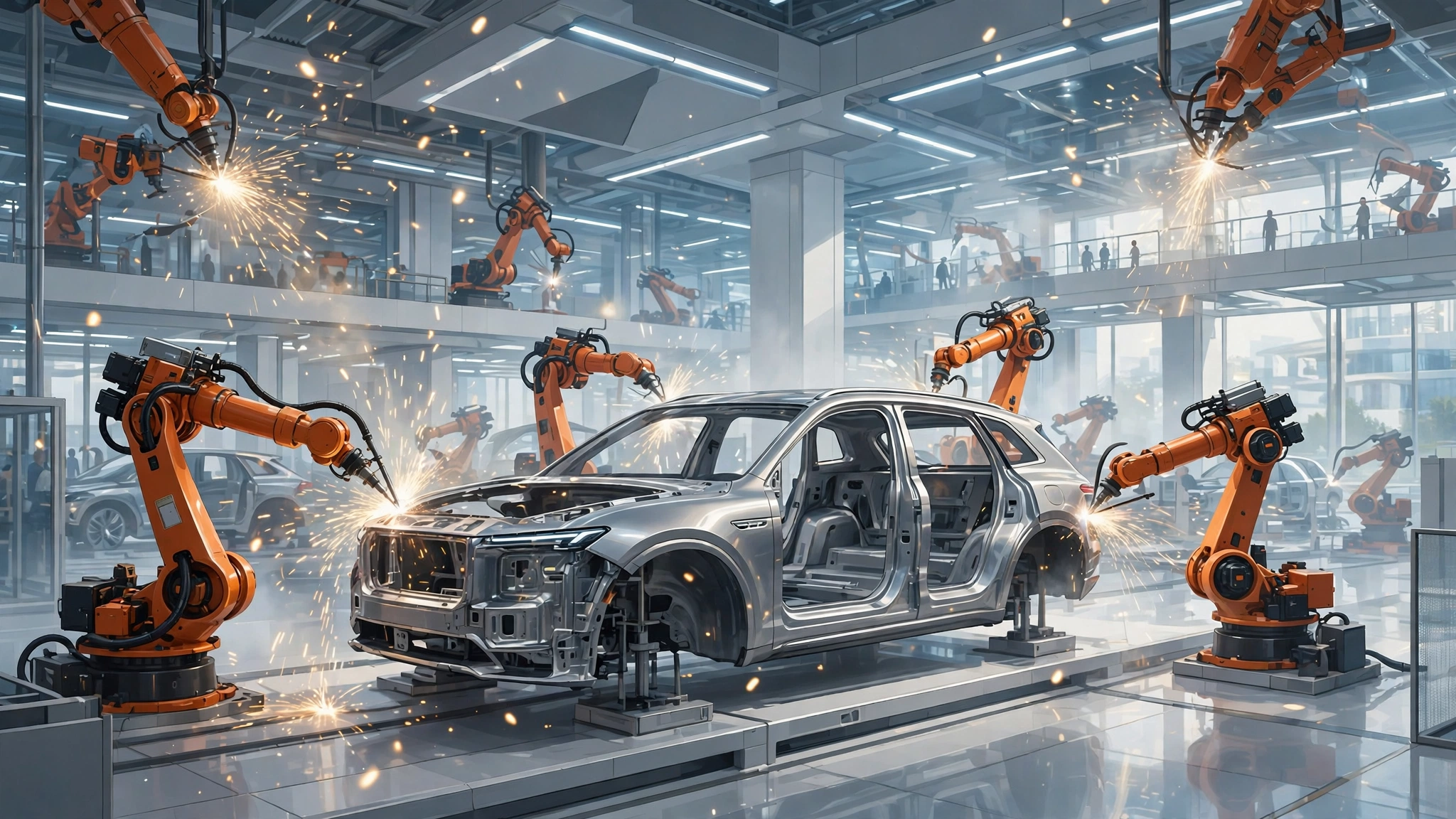 AI-generated illustration of robotic arms assembling a large premium SUV on a bright, futuristic assembly line