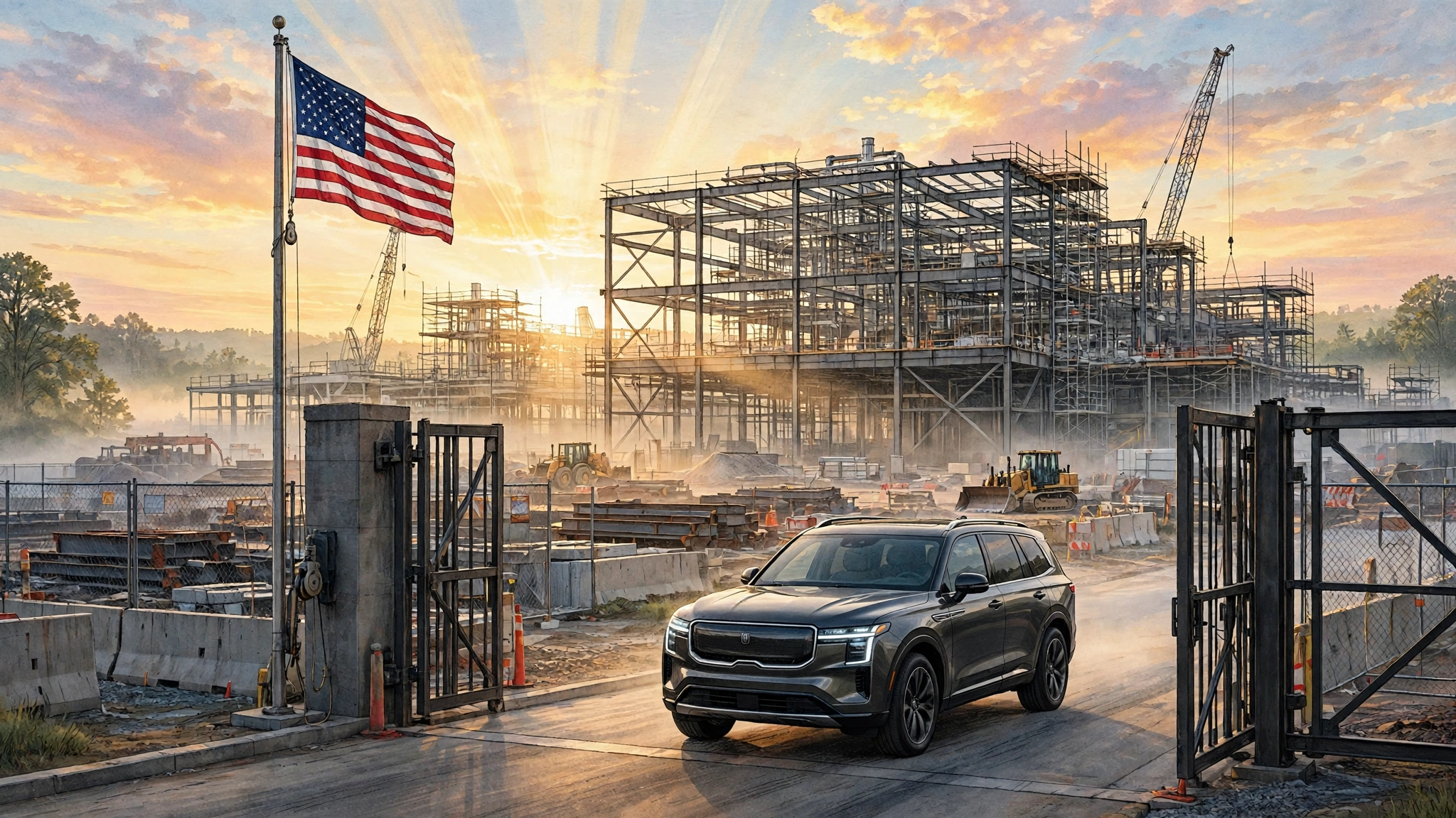 AI-generated illustration of a premium SUV leaving the gates of a new American factory at sunrise, construction rising behind the fence