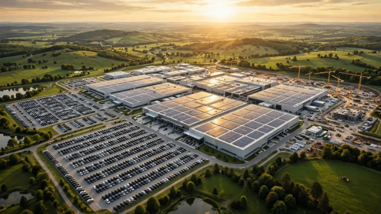 AI-generated aerial illustration of a vast modern car factory in the Georgia countryside, with rows of new premium SUVs parked outside