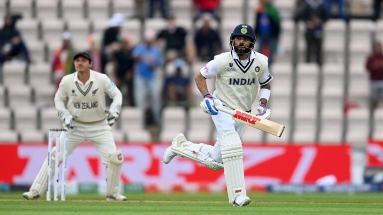 An India batsman running between the wickets during the World Test Championship final against New Zealand