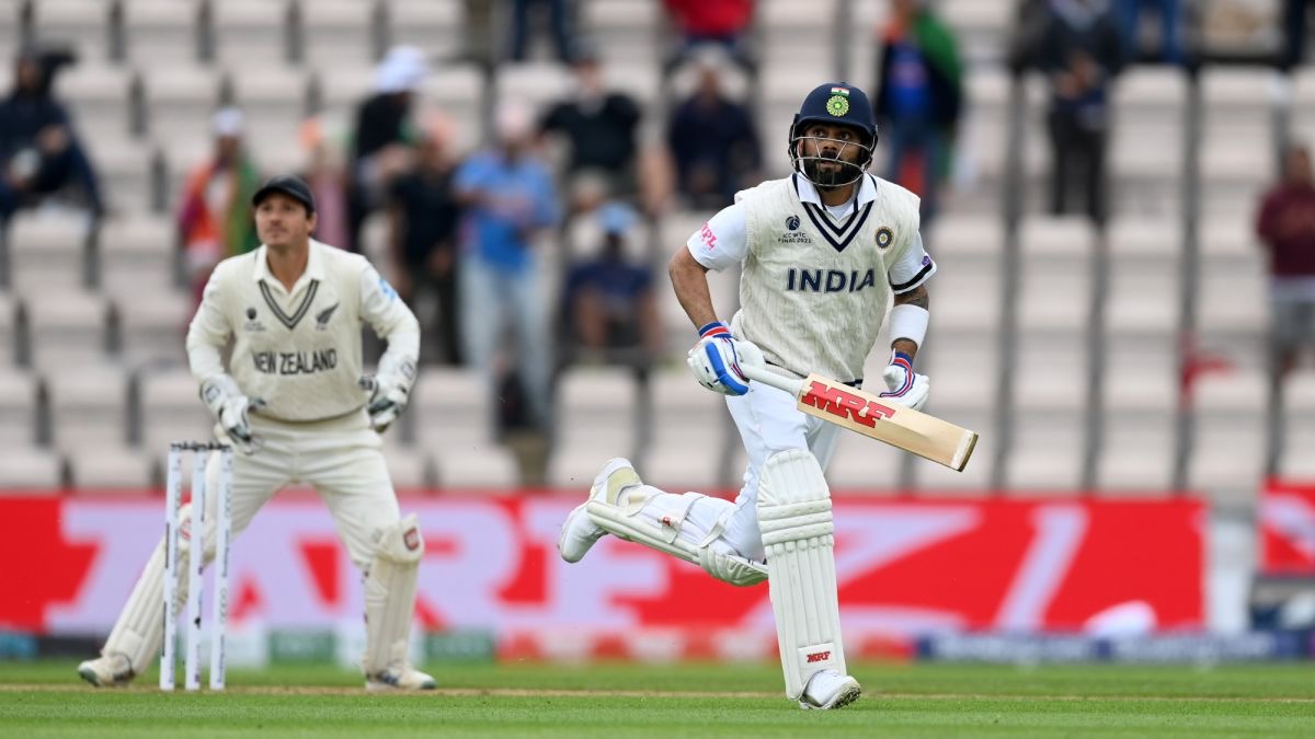 An India batsman running between the wickets during the World Test Championship final against New Zealand