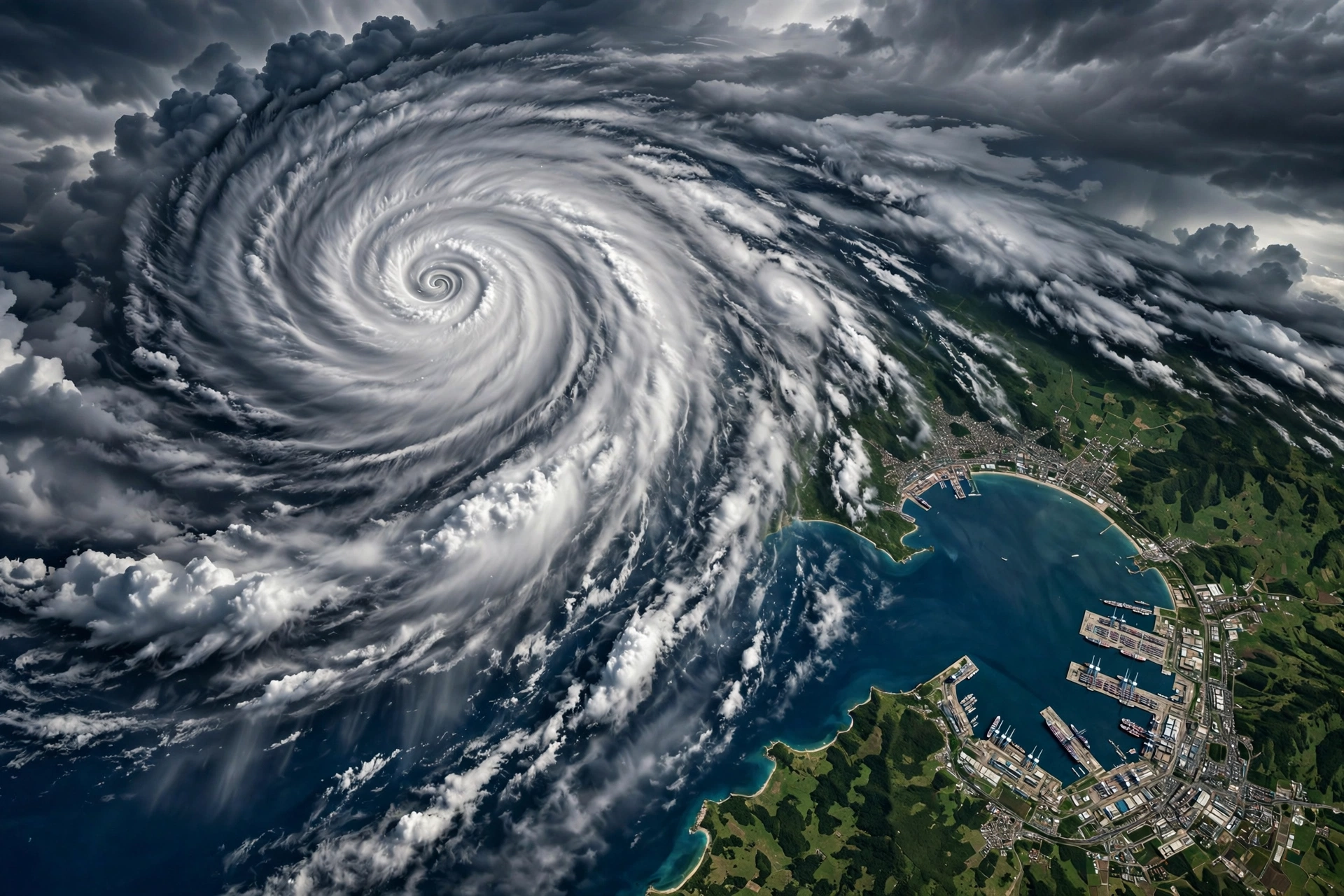 AI-generated satellite-style illustration of a huge spiral cyclonic storm swirling over the Bay of Bengal towards the Andhra Pradesh coastline