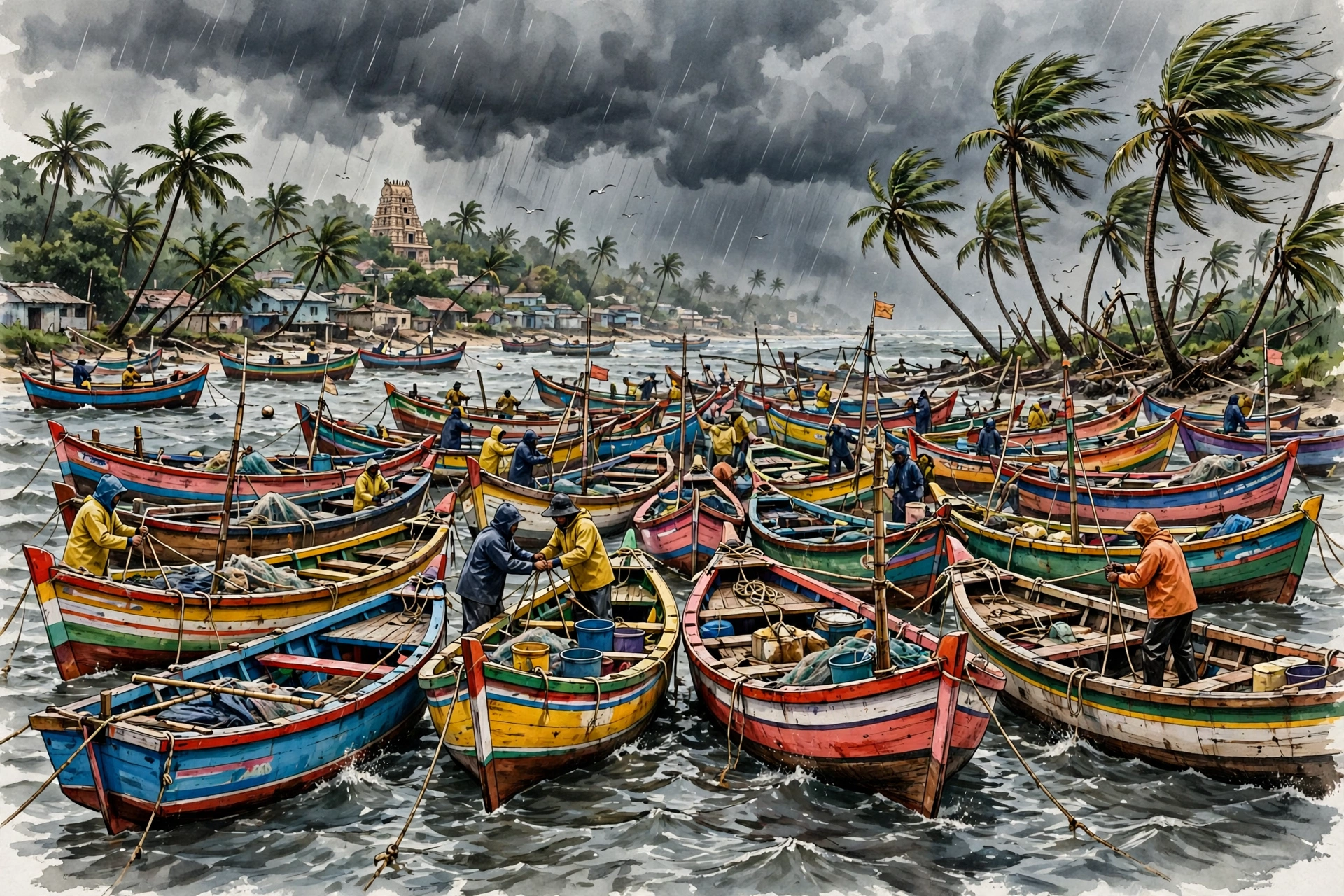 AI-generated illustration of colourful fishing boats anchored in a harbour on the Andhra coast under dark storm clouds, fishermen securing ropes
