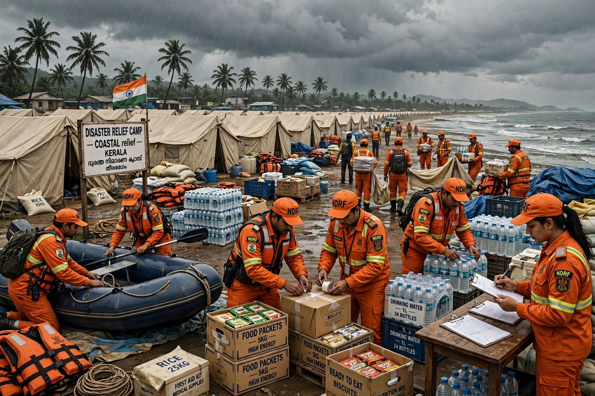 AI-generated illustration of a disaster-response relief team in orange uniforms preparing rescue boats and supplies at a coastal relief camp under an overcast sky