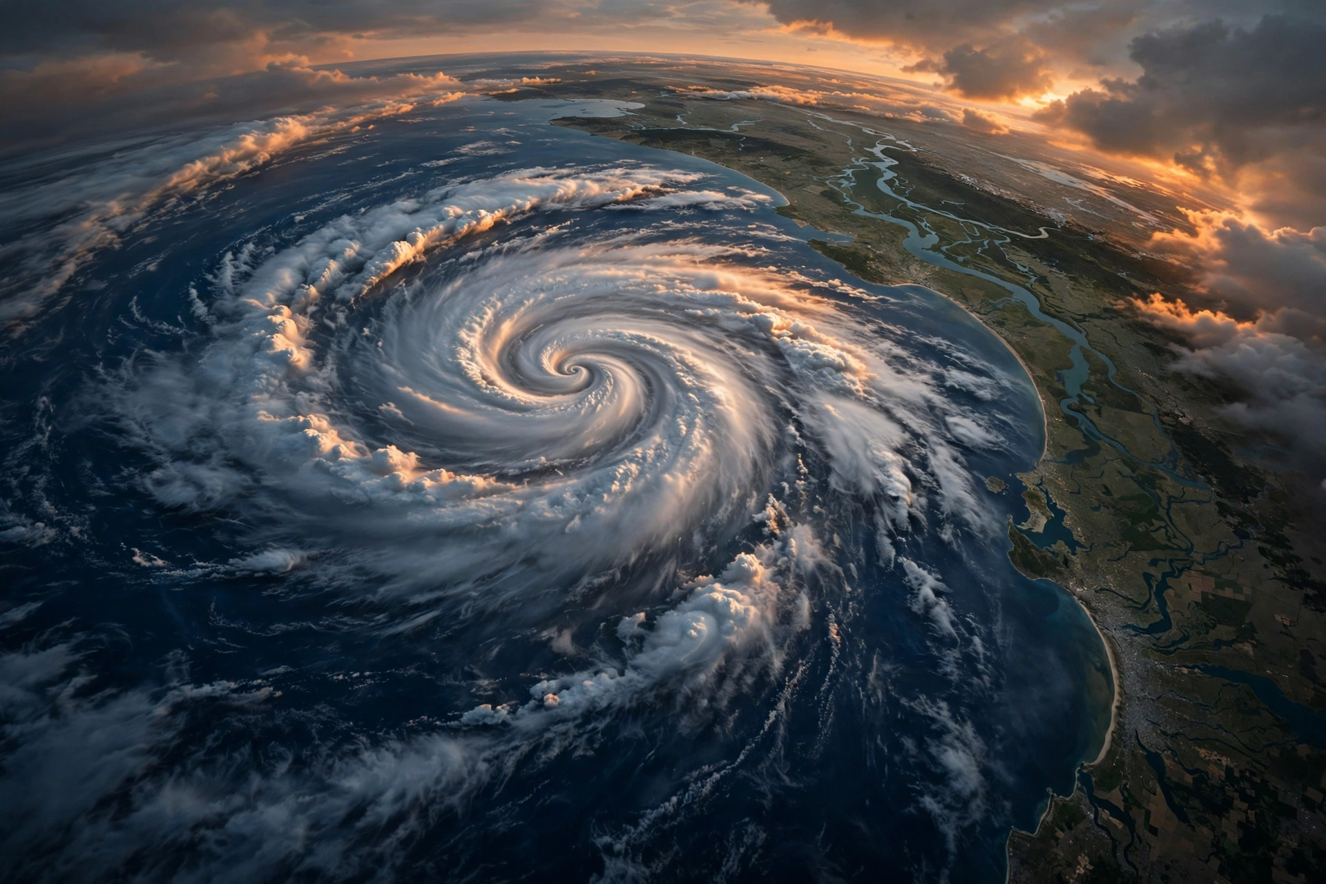 AI-generated satellite-style illustration of a massive spiral cyclonic storm over the Bay of Bengal approaching India's east coast at dusk