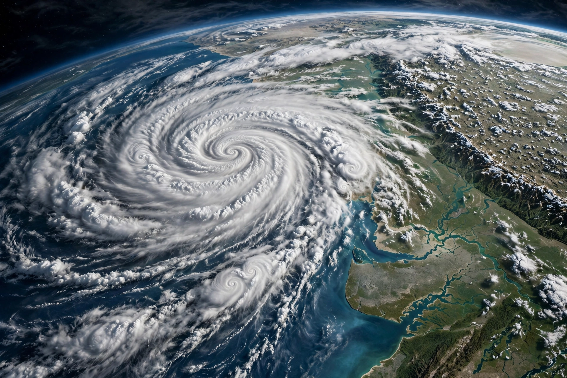 Satellite-style illustration of a large spiral cyclone over the Bay of Bengal approaching the Andhra Pradesh coast