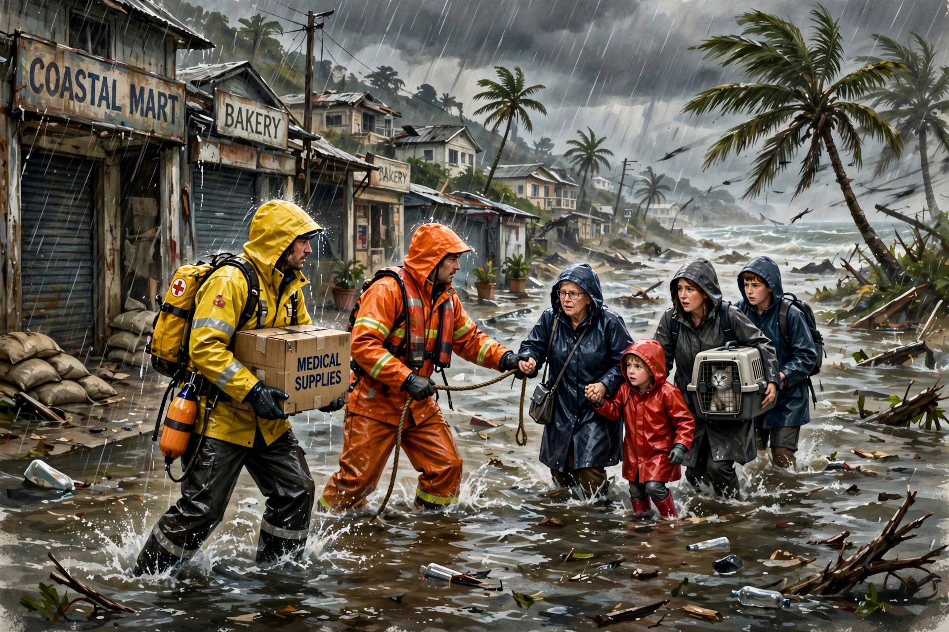 Illustration of rescue workers in bright rain gear helping residents, including a child, through a flooded coastal street during heavy cyclone rain