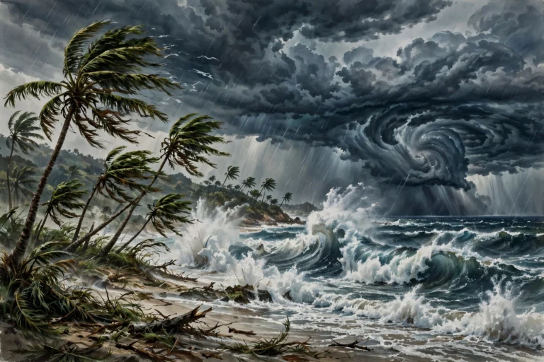 Illustration of a powerful cyclone reaching a tropical coastline, with palm trees bending in strong wind, huge waves crashing on the shore and dark storm clouds overhead