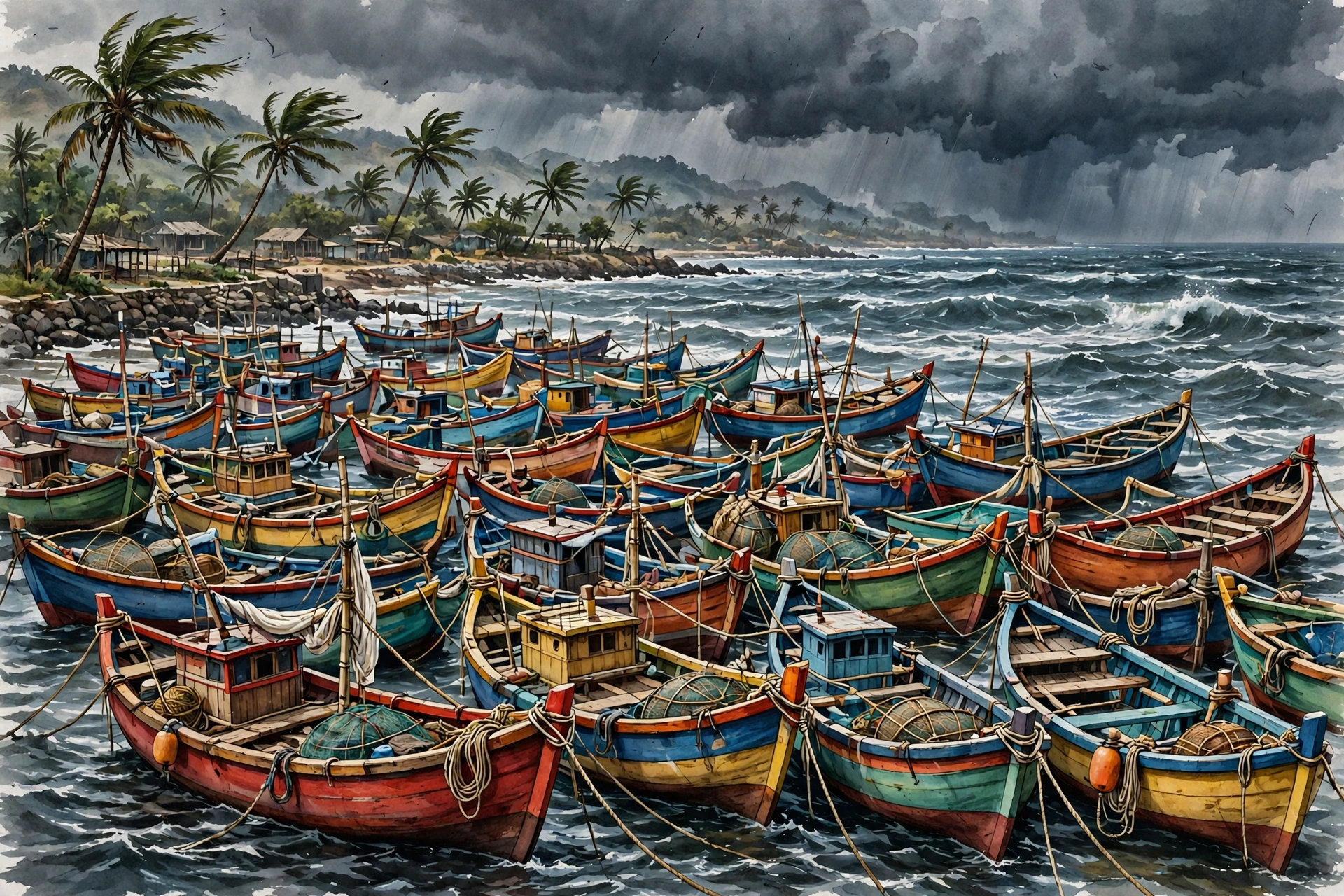 AI-generated illustration of colourful fishing boats anchored tightly in a harbour on the Andhra coast under dark storm clouds, fishermen securing ropes