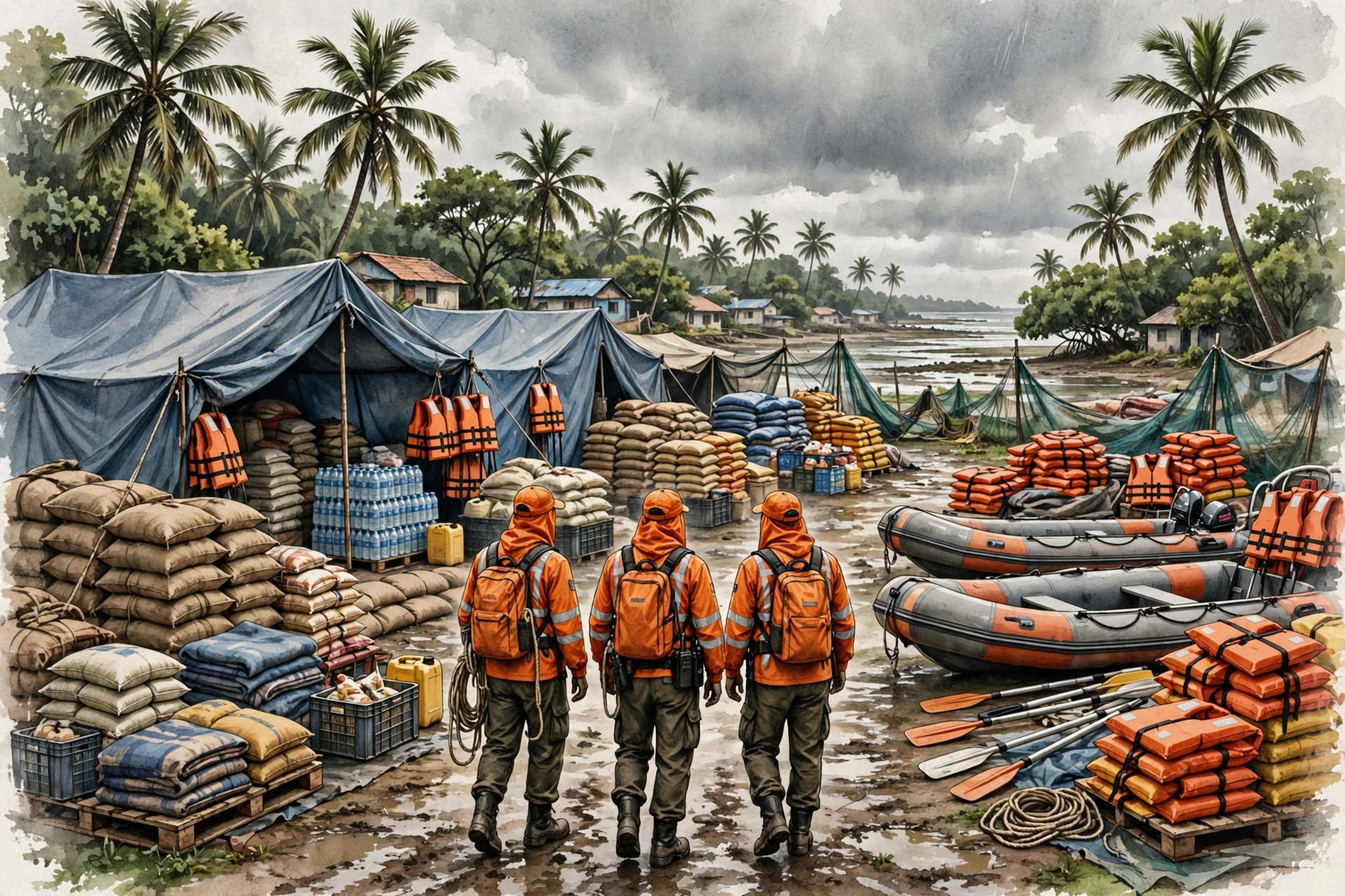 AI-generated illustration of a disaster-response relief team in orange uniforms preparing rescue boats, life jackets and supplies at a coastal relief camp under an overcast sky