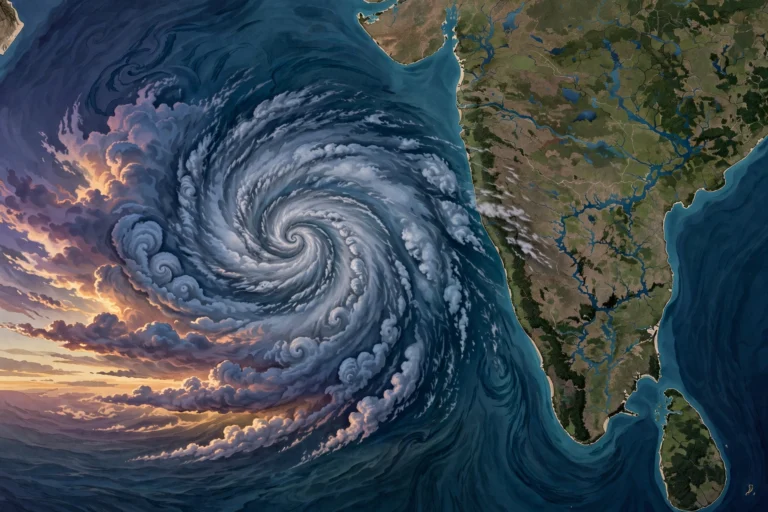 AI-generated satellite-style illustration of a massive spiral cyclonic storm over the Bay of Bengal approaching India's east coast at dusk