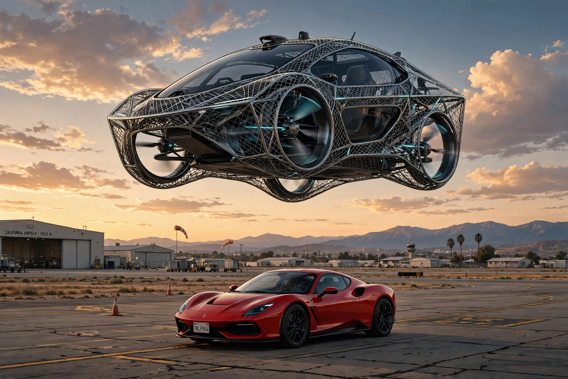 AI-generated illustration of a mesh-bodied flying car with hidden propellers hovering vertically above a parked red sports car on a California airfield at dusk