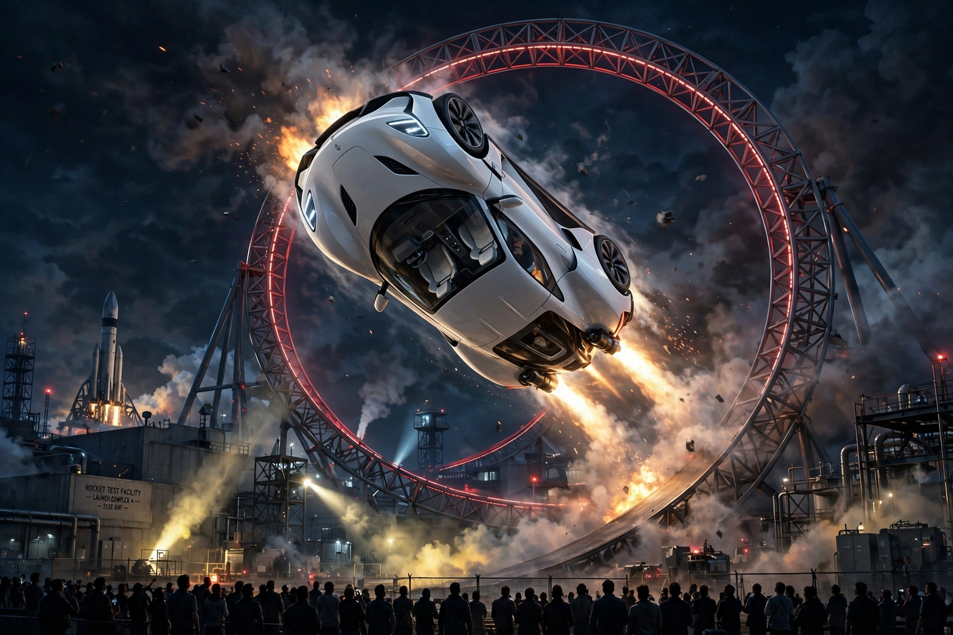 AI-generated illustration of a white two-seat electric sports car with rocket thrusters performing a barrel roll above a dark Texas test site at night, a curved steel loop ramp with red light strips behind it