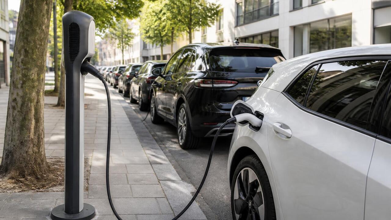A white electric car plugged into a kerbside charging post on a tree-lined city street