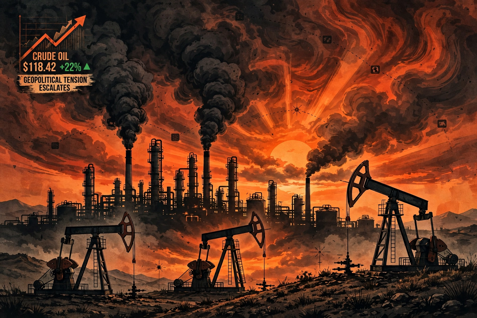 AI-generated illustration of oil pumpjacks and a refinery silhouetted against a dramatic orange sunset sky