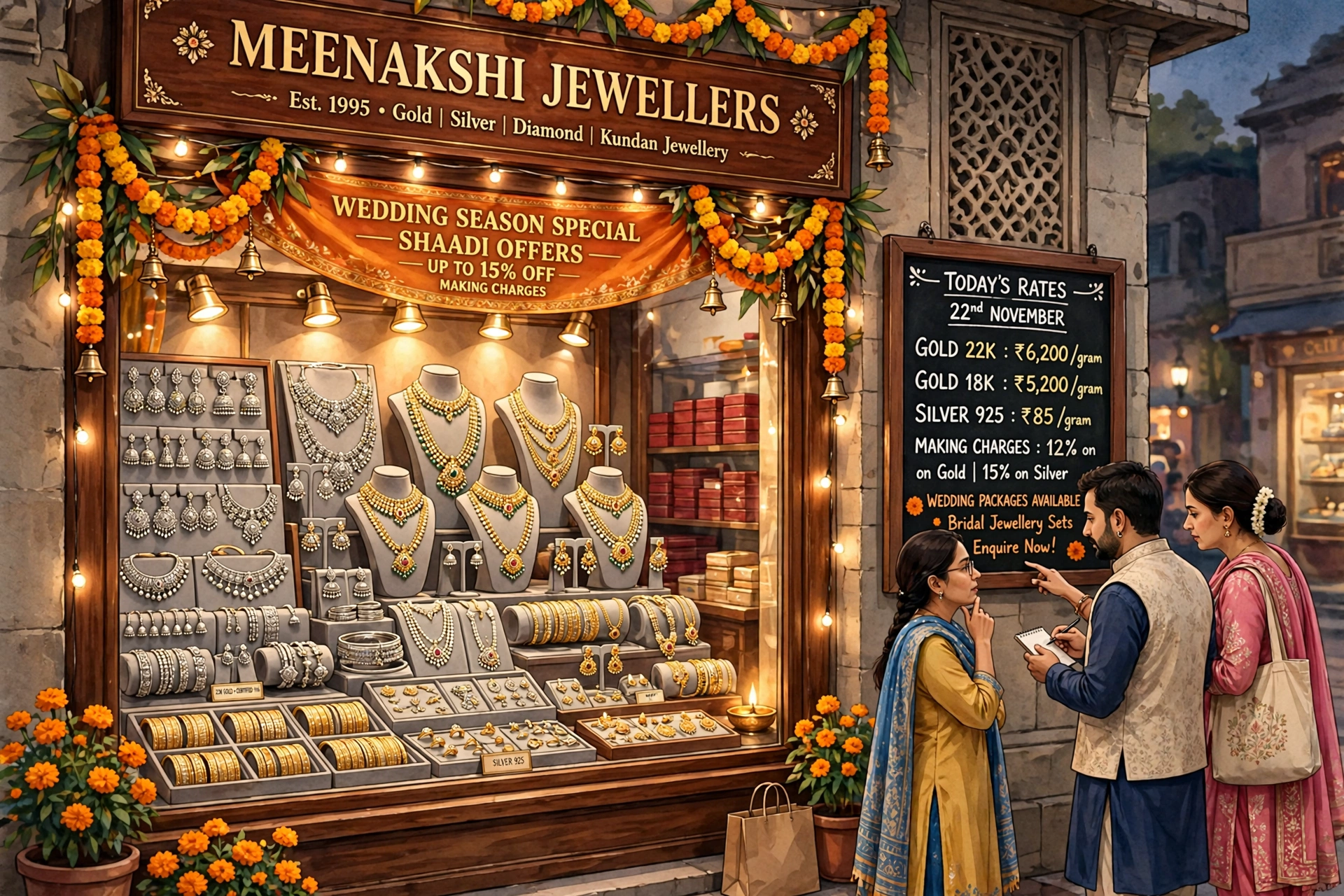 AI-generated illustration of an Indian jewellery shop window filled with gold necklaces and silver ornaments under warm lights, customers studying prices