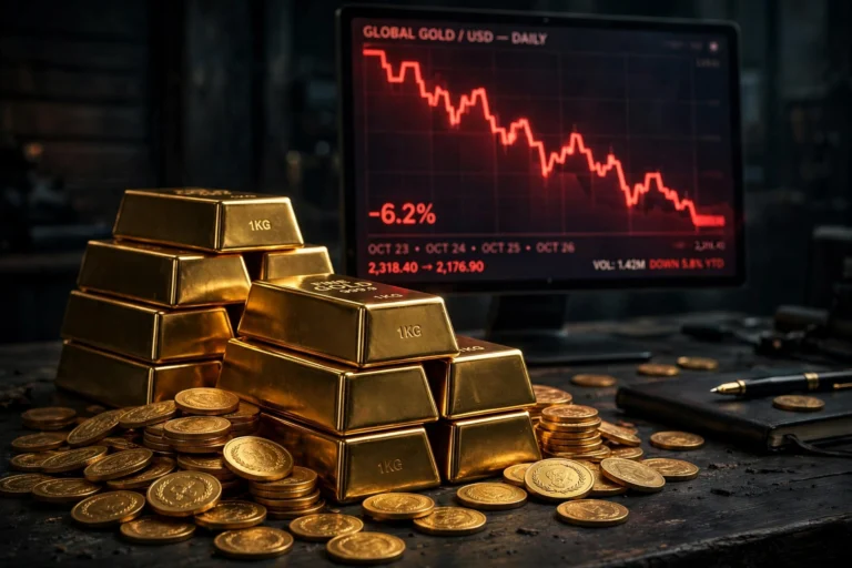 AI-generated illustration of stacked gold bars and coins with a glowing red downward price chart on a screen behind them