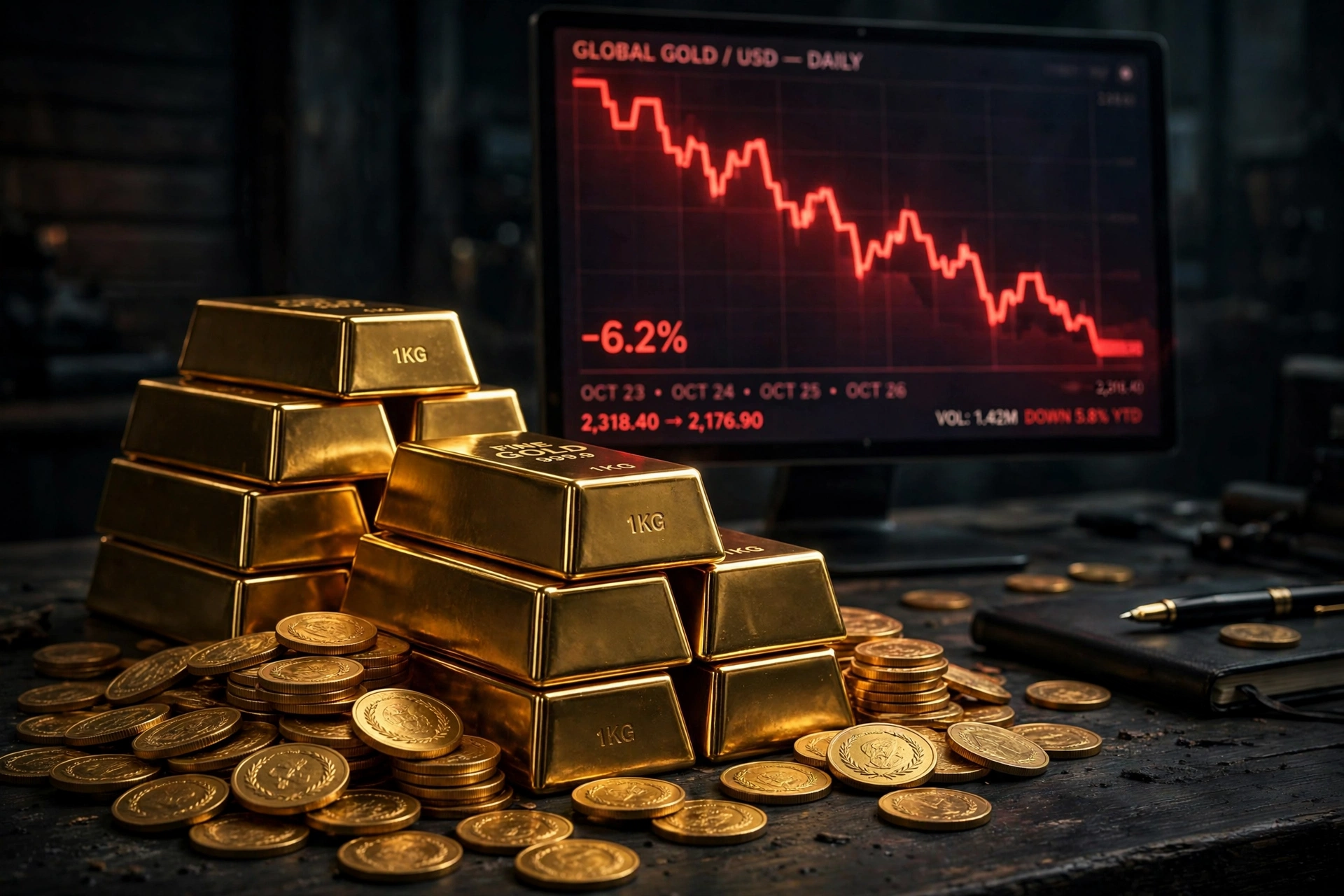 AI-generated illustration of stacked gold bars and coins with a glowing red downward price chart on a screen behind them
