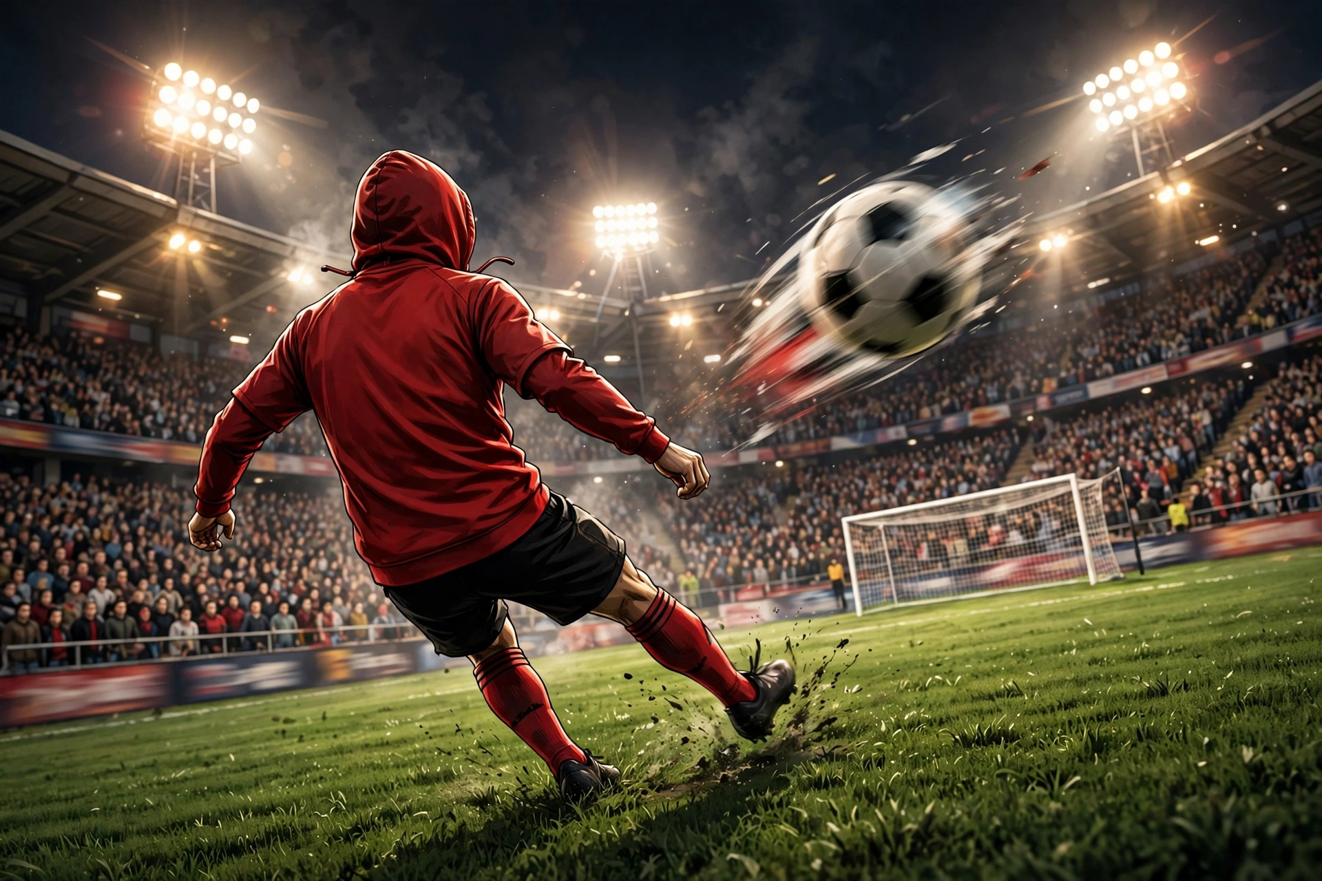 AI-generated illustration of a striker in a plain red jersey, seen from behind, striking a football toward goal in a packed floodlit stadium
