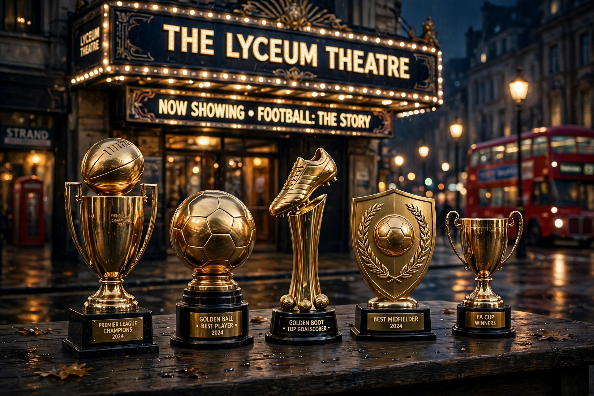 AI-generated illustration of a row of different golden football trophies on a dark table in front of a London theatre marquee at night, with a blurred red double-decker bus behind