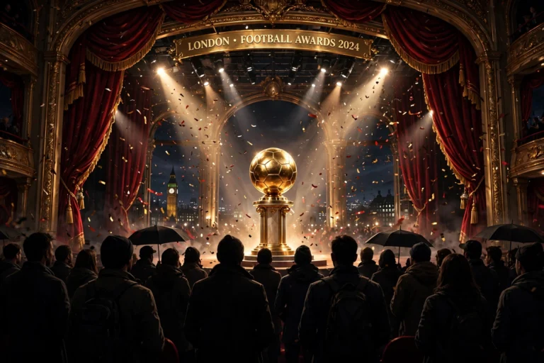 AI-generated illustration of a golden football trophy on a pedestal on a London theatre stage under spotlights and falling confetti, with no people shown