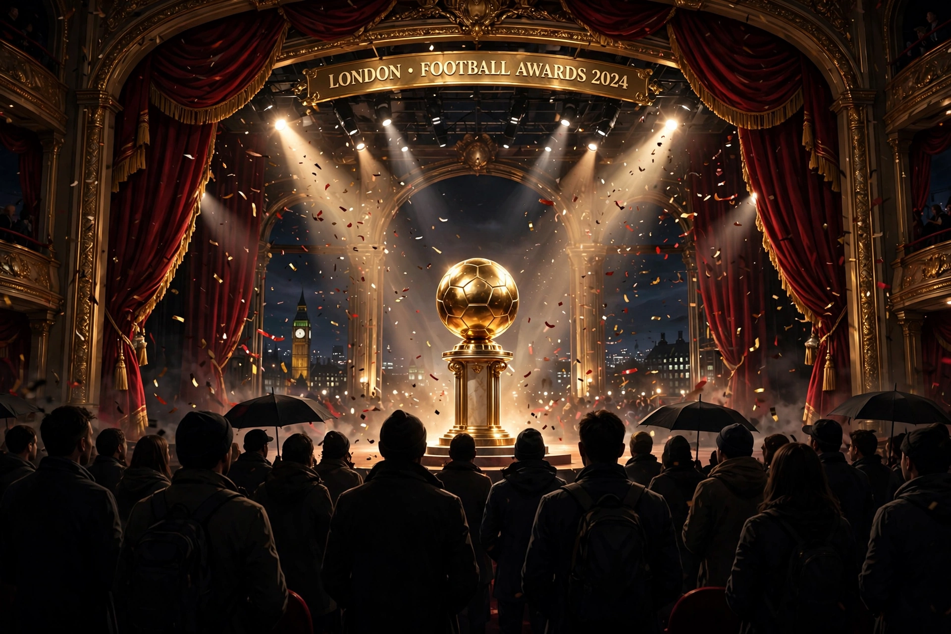 AI-generated illustration of a golden football trophy on a pedestal on a London theatre stage under spotlights and falling confetti, with no people shown