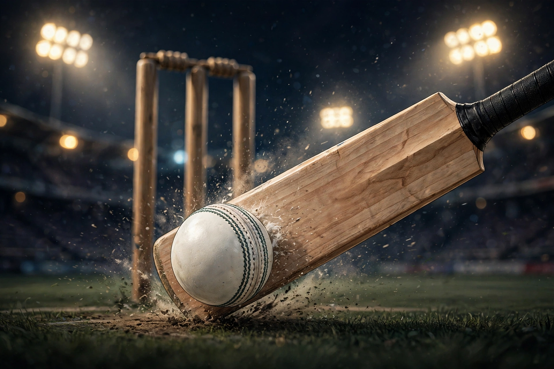 AI-generated close-up illustration of a cricket bat striking a white ball on a floodlit pitch at night, stumps behind, dramatic stadium lighting