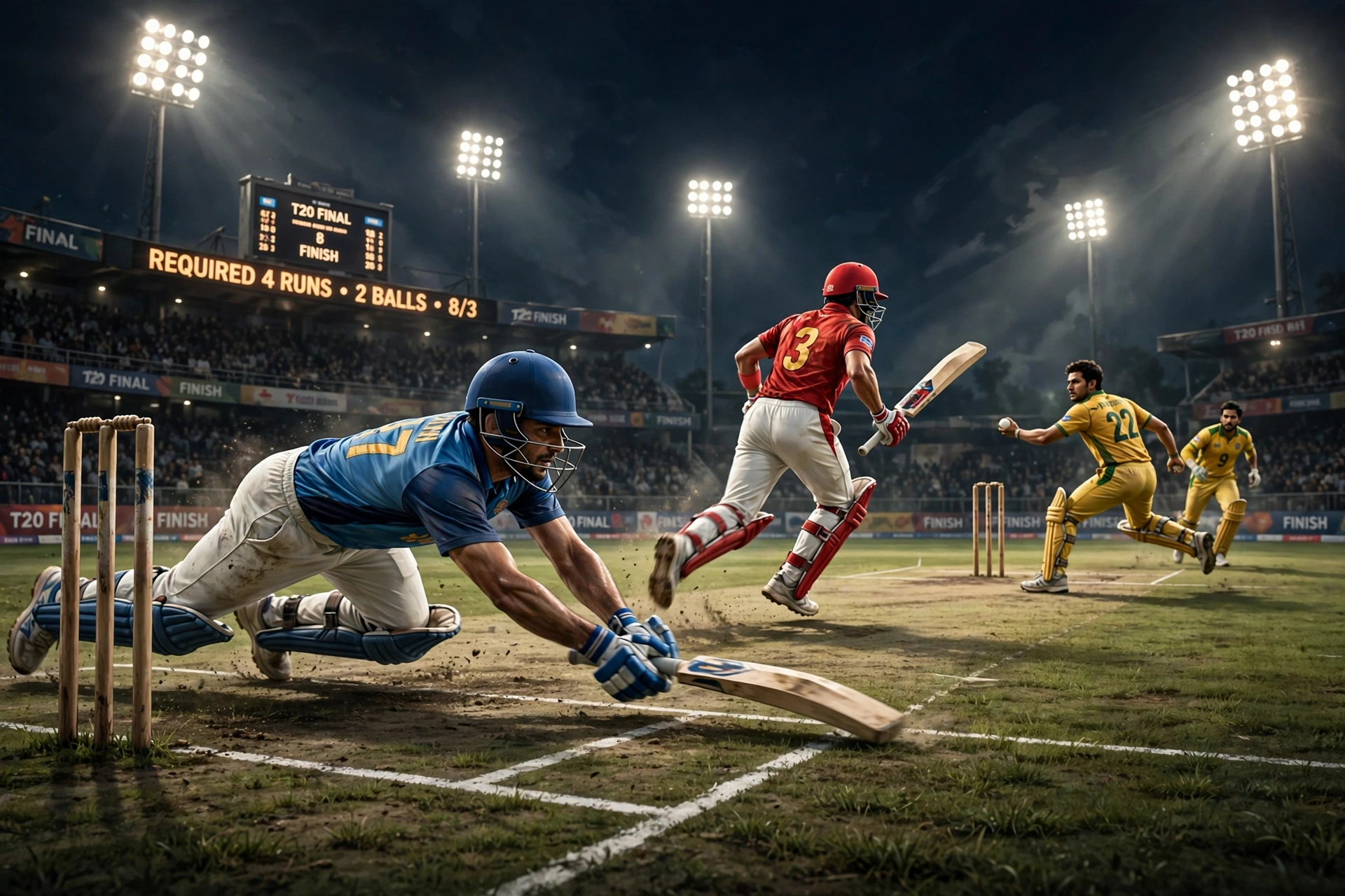 AI-generated illustration of two cricket batters sprinting between the wickets at night under floodlights, one diving to make his ground as fielders close in