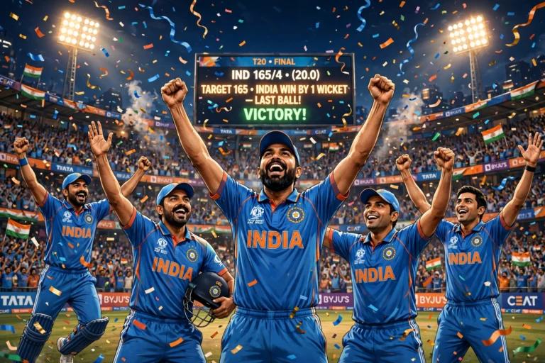 AI-generated illustration of Indian cricketers in blue jerseys celebrating a last-ball T20 victory under stadium floodlights at night, confetti falling over a packed crowd