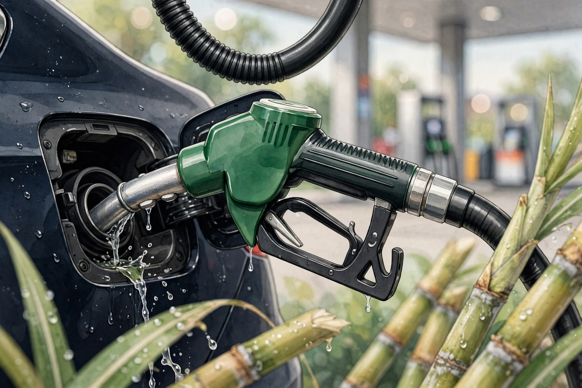 AI-generated illustration of a green fuel pump nozzle filling a car at a modern fuel station with sugarcane in soft focus