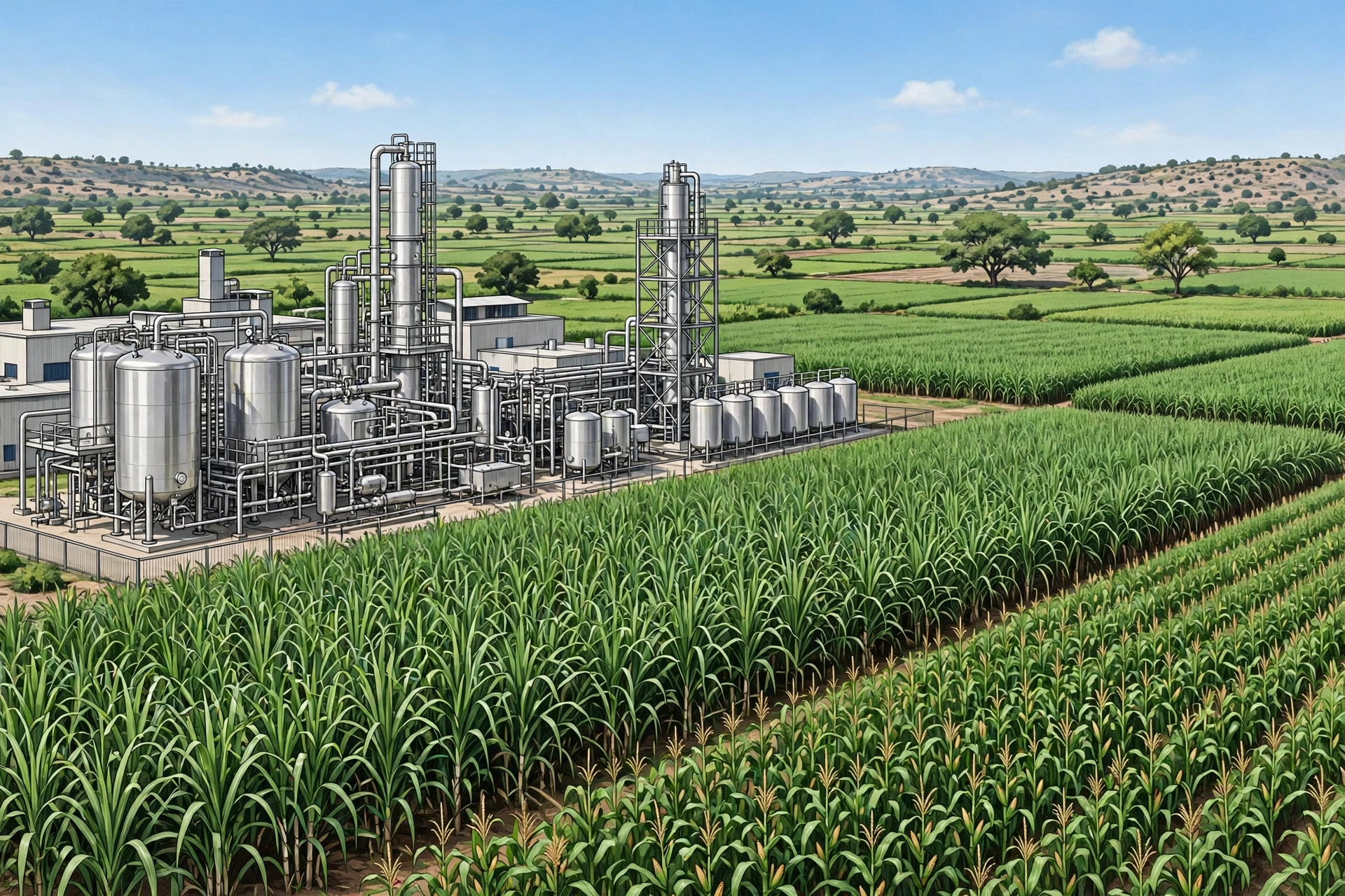 AI-generated illustration of an ethanol production facility with steel tanks beside sugarcane and maize fields in India