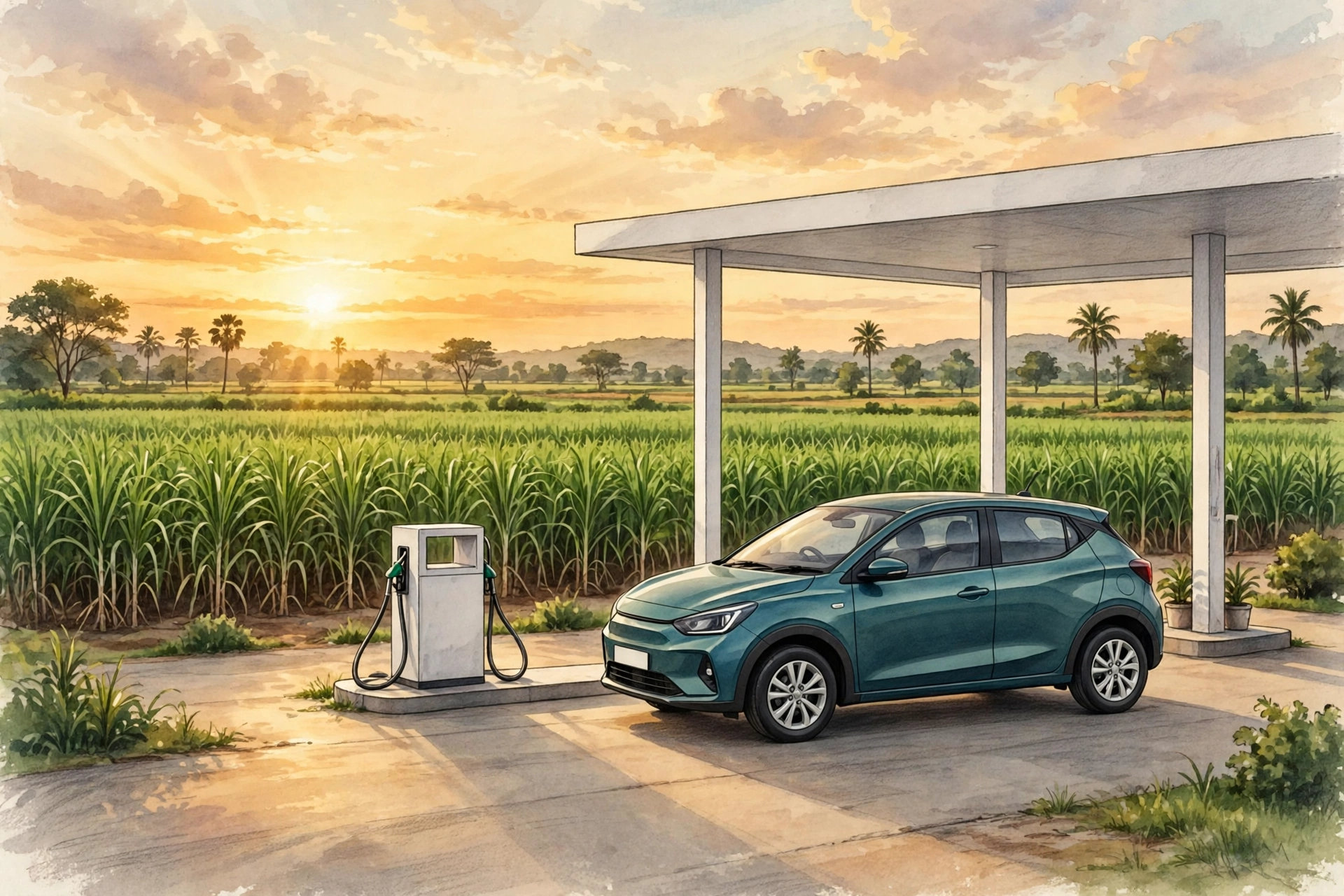 AI-generated illustration of a compact hatchback at a rural fuel station beside green sugarcane fields at sunset in India