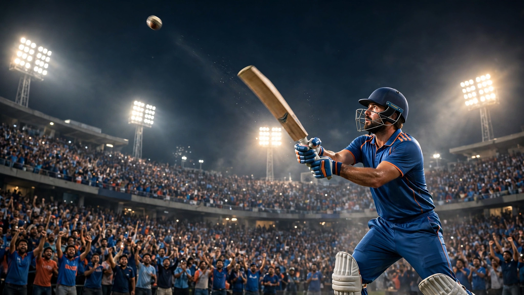 AI-generated concept art of a left-handed batsman in blue launching a towering six under floodlights in a packed Indian stadium, symbolising Ishan Kishan's record-breaking 21-ball fifty against New Zealand