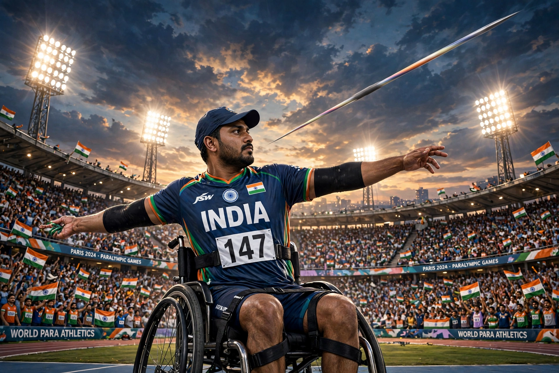 AI-generated illustration of a para javelin thrower in an India jersey mid-throw under stadium floodlights