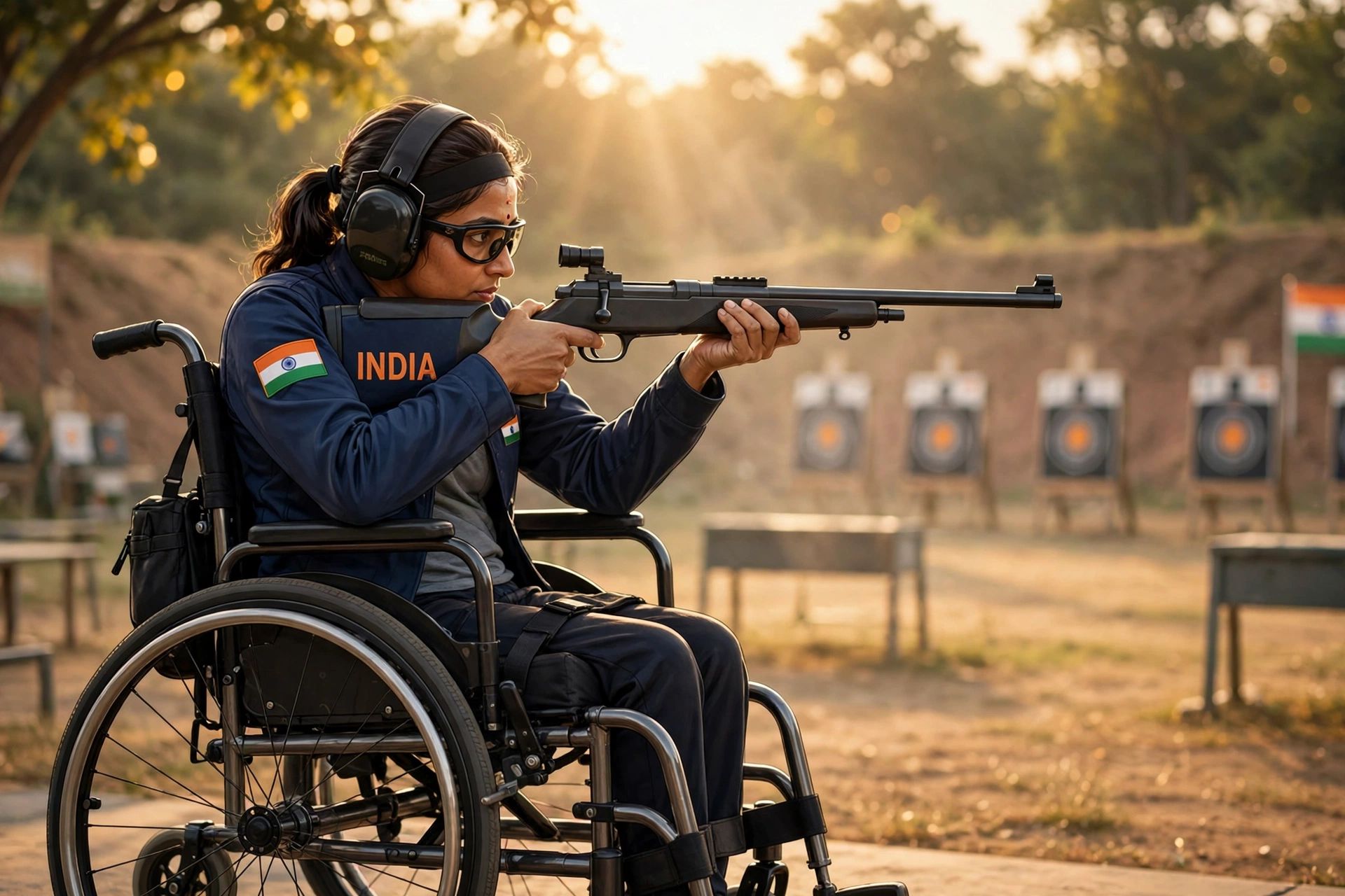 AI-generated illustration of an Indian woman para-shooter in a wheelchair aiming a 50m rifle at an outdoor range in warm afternoon light