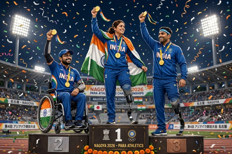 AI-generated illustration of Indian para-athletes celebrating on a victory podium at a floodlit stadium in Nagoya, one draped in the Indian tricolour, confetti in the air