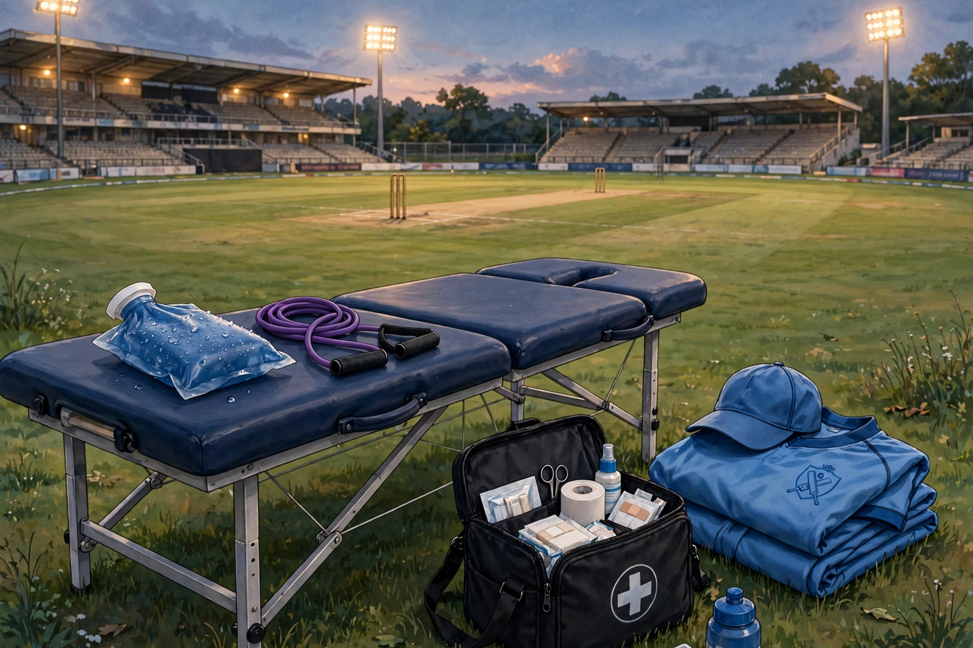 AI-generated illustration of a cricket physio treatment table with an ice pack, resistance band and medical bag beside a stadium pitch at dusk, with no people shown