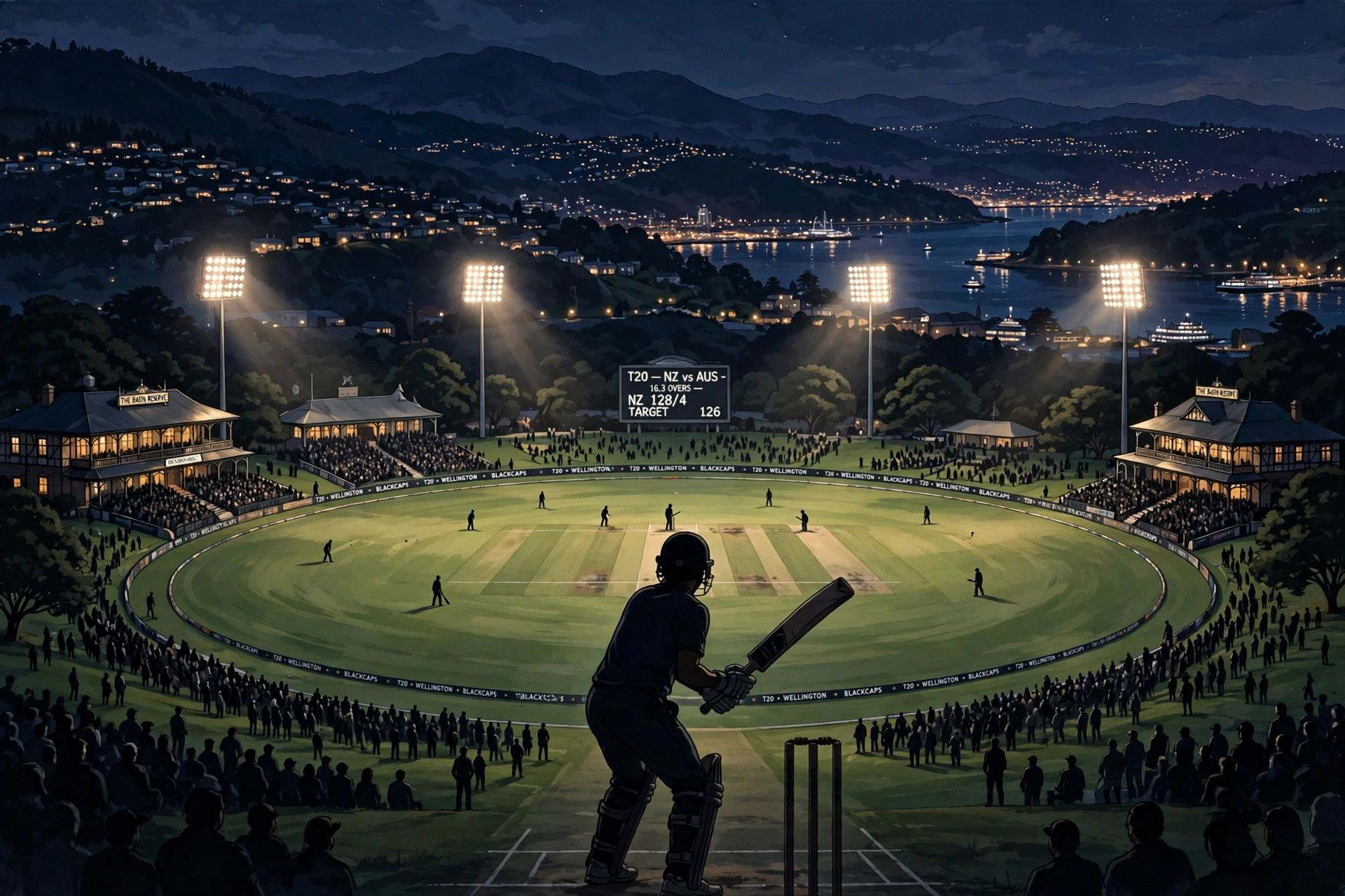 AI-generated illustration of a floodlit cricket stadium in Wellington at night during a T20 match, a batsman shown in silhouette from behind, with harbour hills in the background