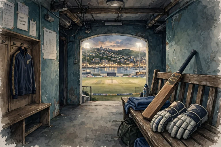 AI-generated illustration of a wicketkeeper's gloves and a cricket bat resting on a bench in a stadium tunnel, with a floodlit cricket ground blurred beyond