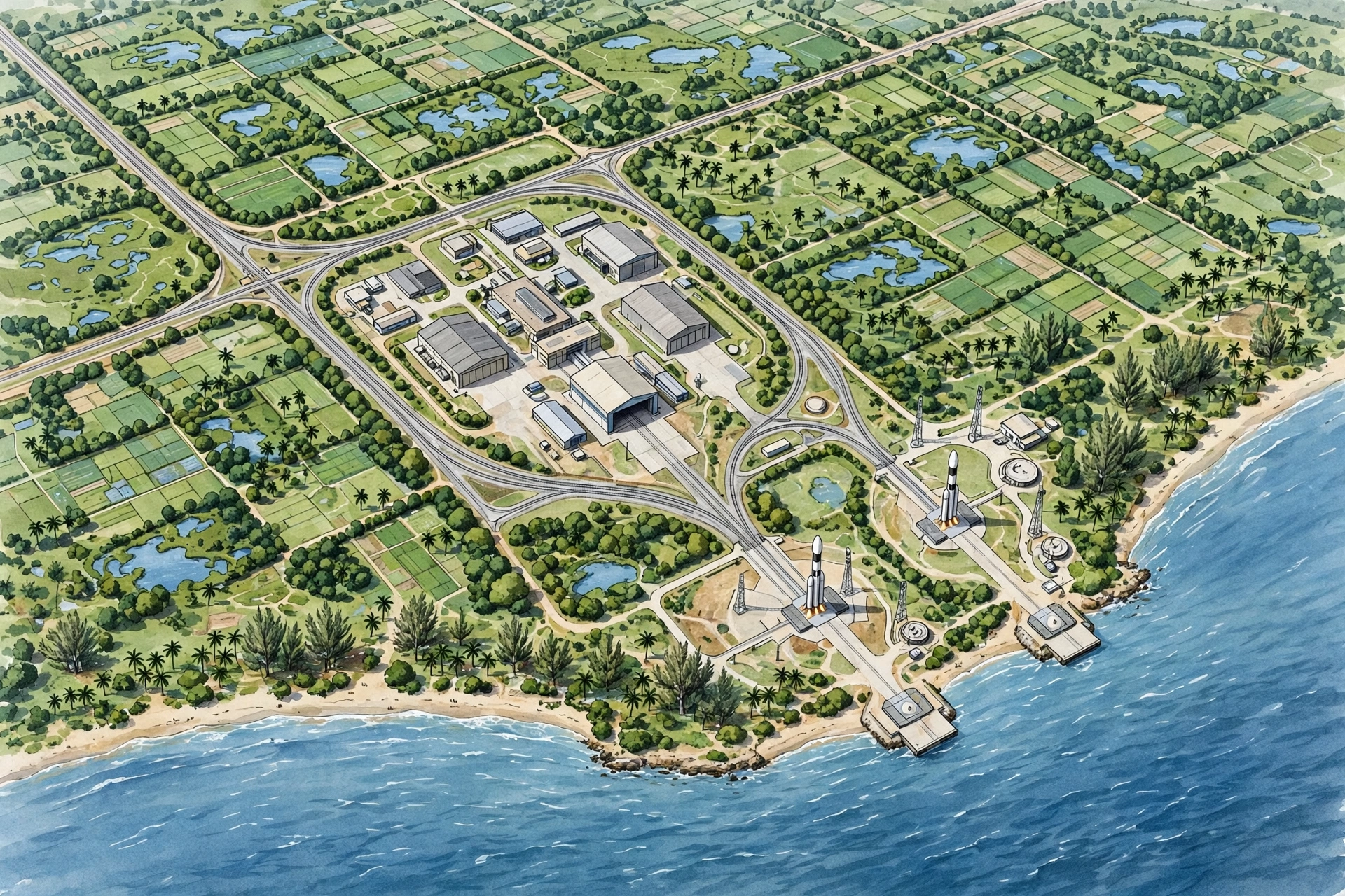 AI-generated aerial illustration of a coastal spaceport with launch pads, integration buildings and rail tracks near the sea in Tamil Nadu