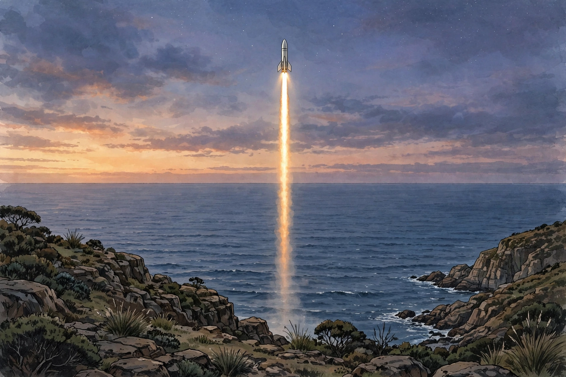 AI-generated illustration of a small rocket launching directly south over the Indian Ocean at dusk, illustrating a direct polar trajectory with no dogleg turn
