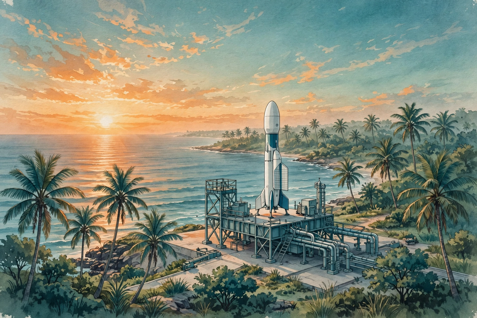 AI-generated illustrative image of a small satellite launch vehicle on a coastal launch pad in southern India at sunrise, with the ocean, palm trees and a clear sky in the background
