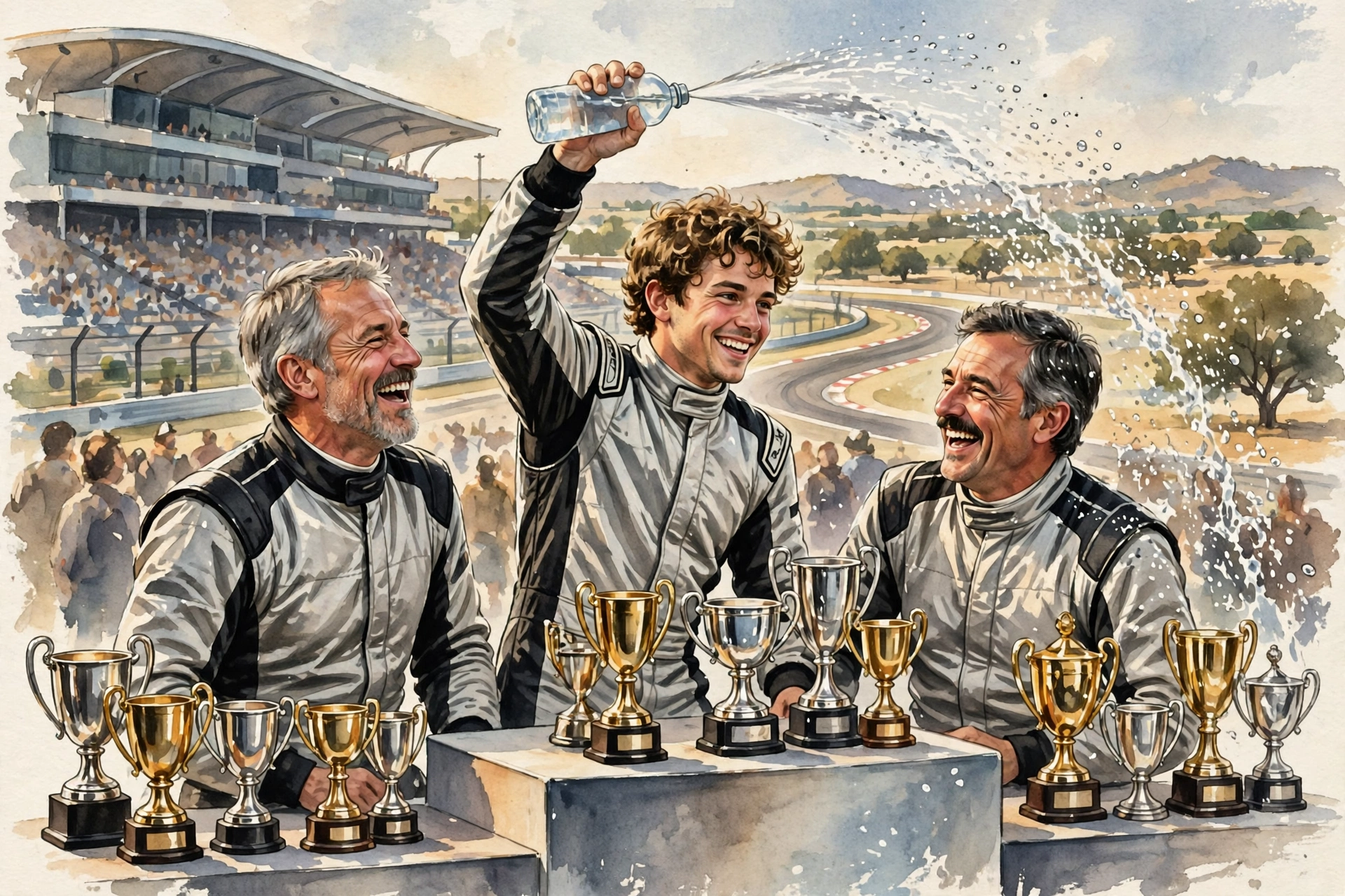 AI-generated illustration of a young F1 driver spraying water instead of champagne on a podium while two older rivals laugh beside him