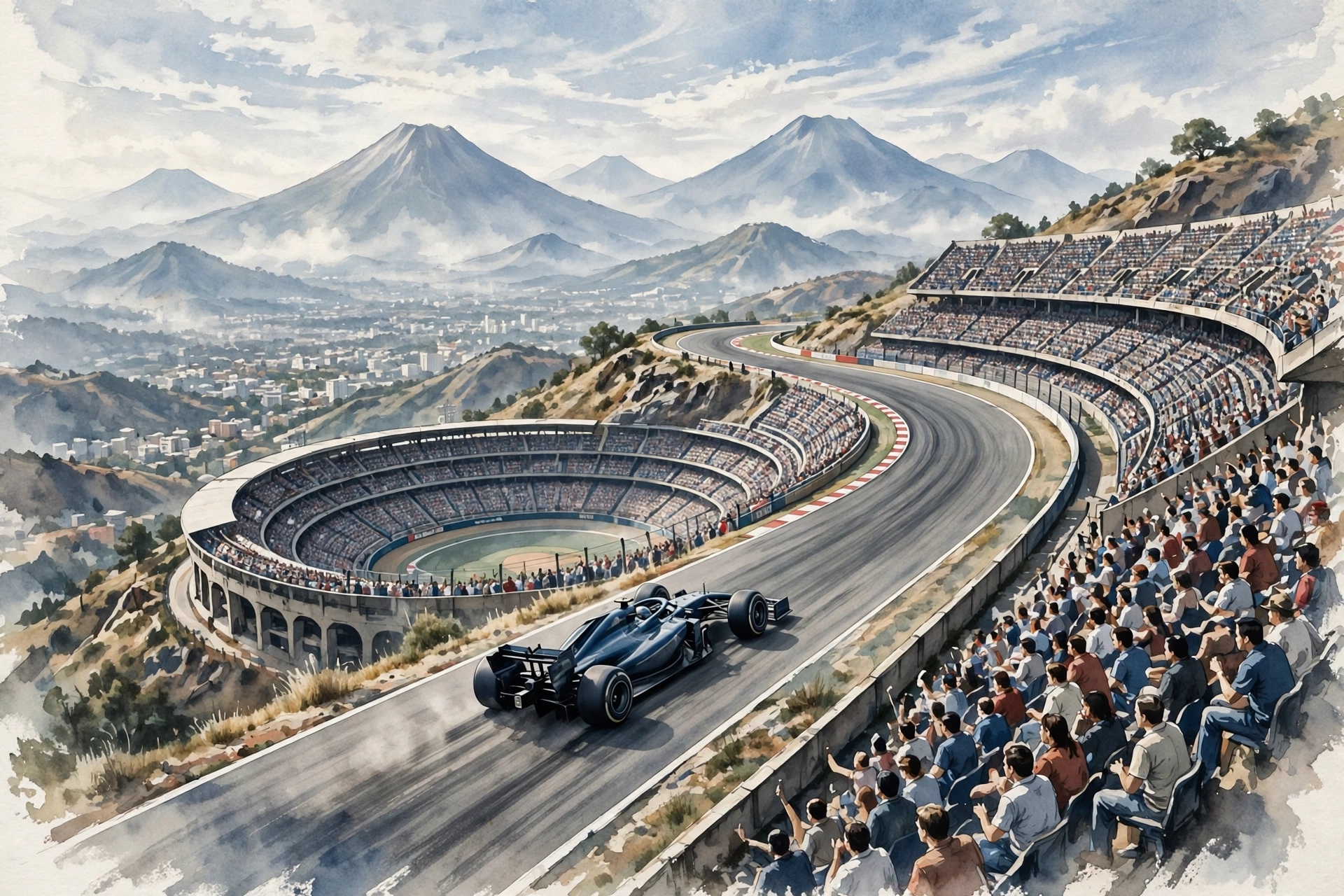 AI-generated illustration of an F1 car racing at high altitude toward a packed stadium section in Mexico City, volcano silhouettes in the distance
