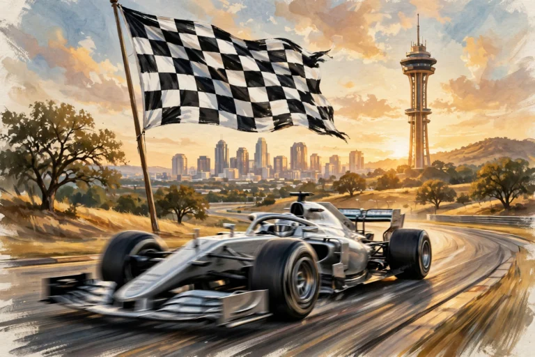 AI-generated illustration of a silver Formula 1 car crossing the finish line under a chequered flag at a Texan circuit at golden hour, with Austin's skyline behind